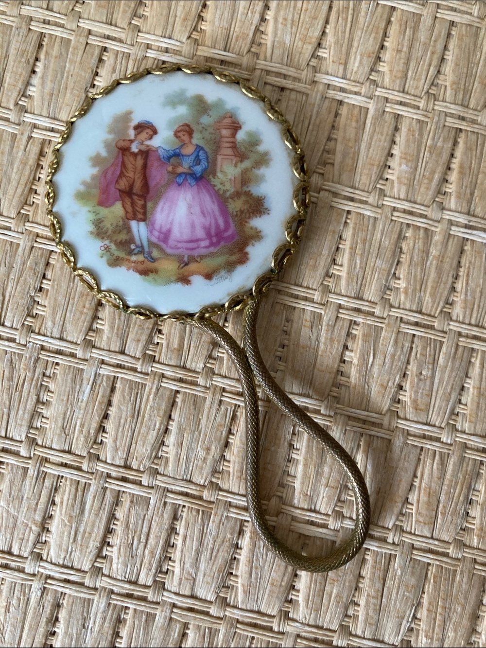 Vintage Fragonard Limoges Brass Handheld Mirror Porcelain Romantic Couple